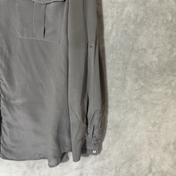 Tommy Bahama Top Womens M 100% Silk Gray Collared Roll Tab Long Sleeves READ - Picture 7 of 8